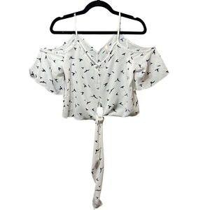 Cold Shoulder Top Bird Print Tie Front Blouse‎ White Medium
